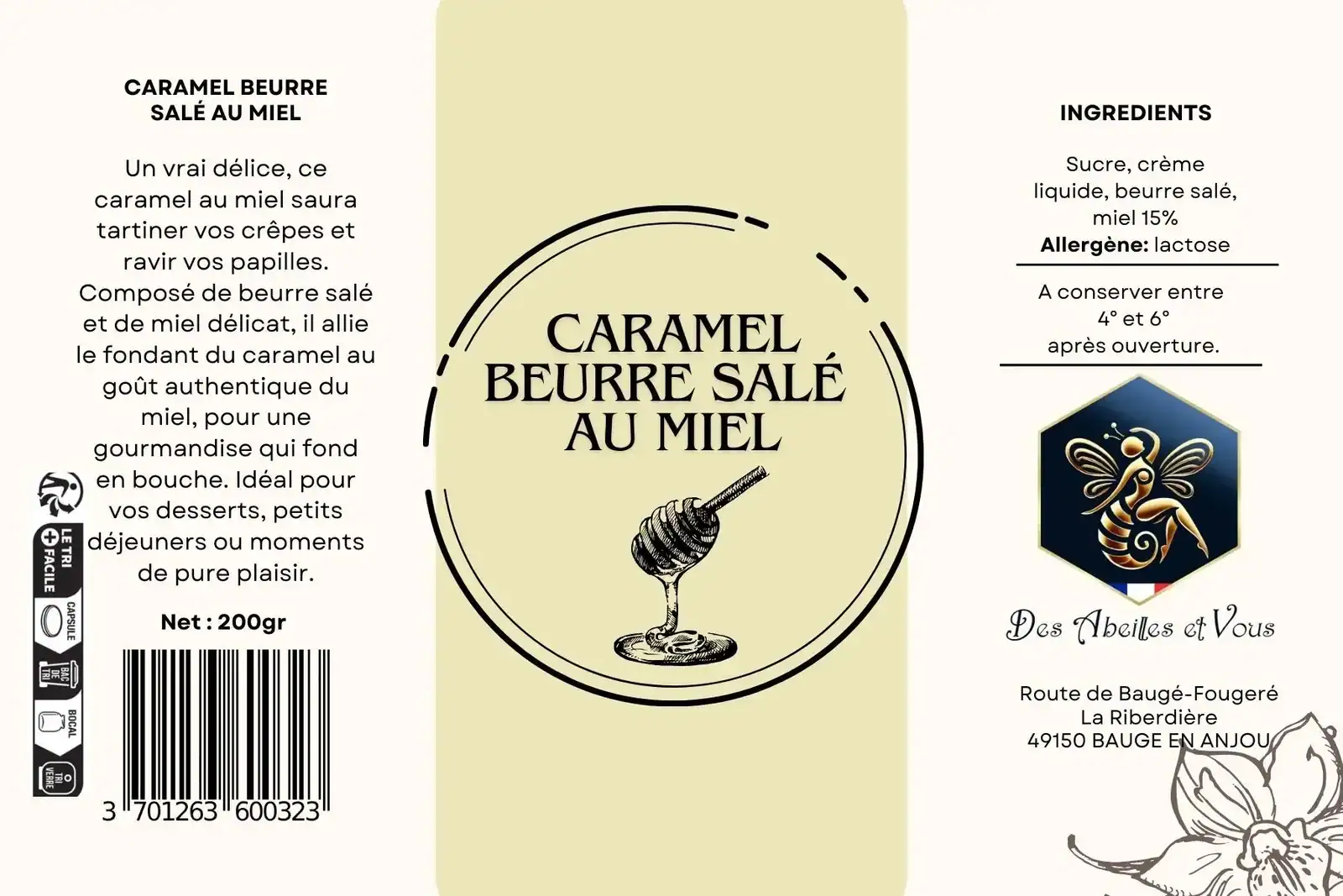 Label bio: caramel beurre salé au miel, alliant douceur et saveurs naturelles, parfait pour dessert.