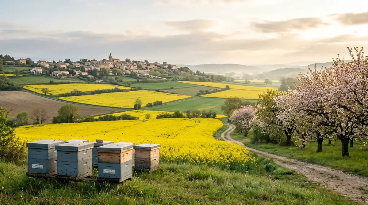 Miel de printemps récolté par notre exploitation apicole Miel de printemps artisanal récolté dans nos ruchers en Anjou