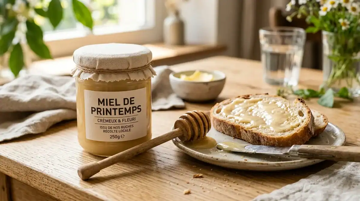 Pot de miel de printemps crémeux avec une cuillère en bois et une tartine