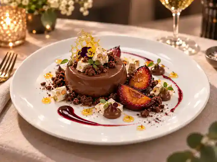 Crémeux chocolat au miel d’acacia, prunes rôties, crumble cacao et nougat