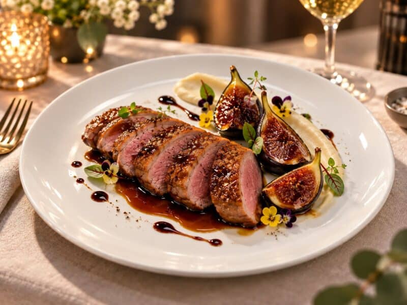 Magret de canard au miel de forêt, figues rôties et jus balsamique