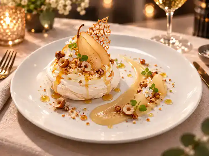 Pavlova aux poires, miel d’acacia et noisettes
