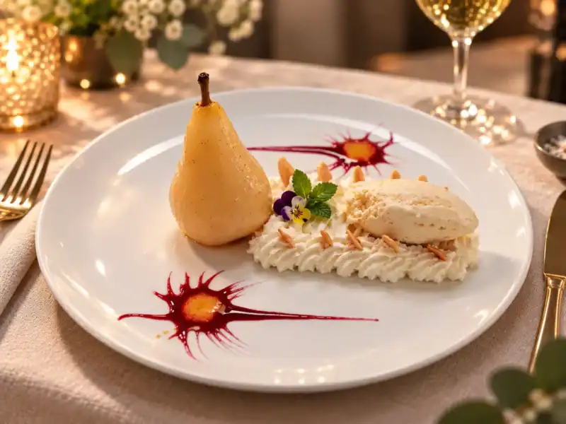 Poire pochée au miel et à la vanille, chantilly, quenelle de glace miel citron vert, jus de framboise et amandes grillées