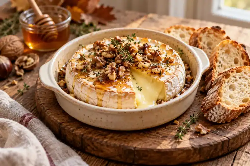 Camembert rôti au miel de châtaignier, noix et thym