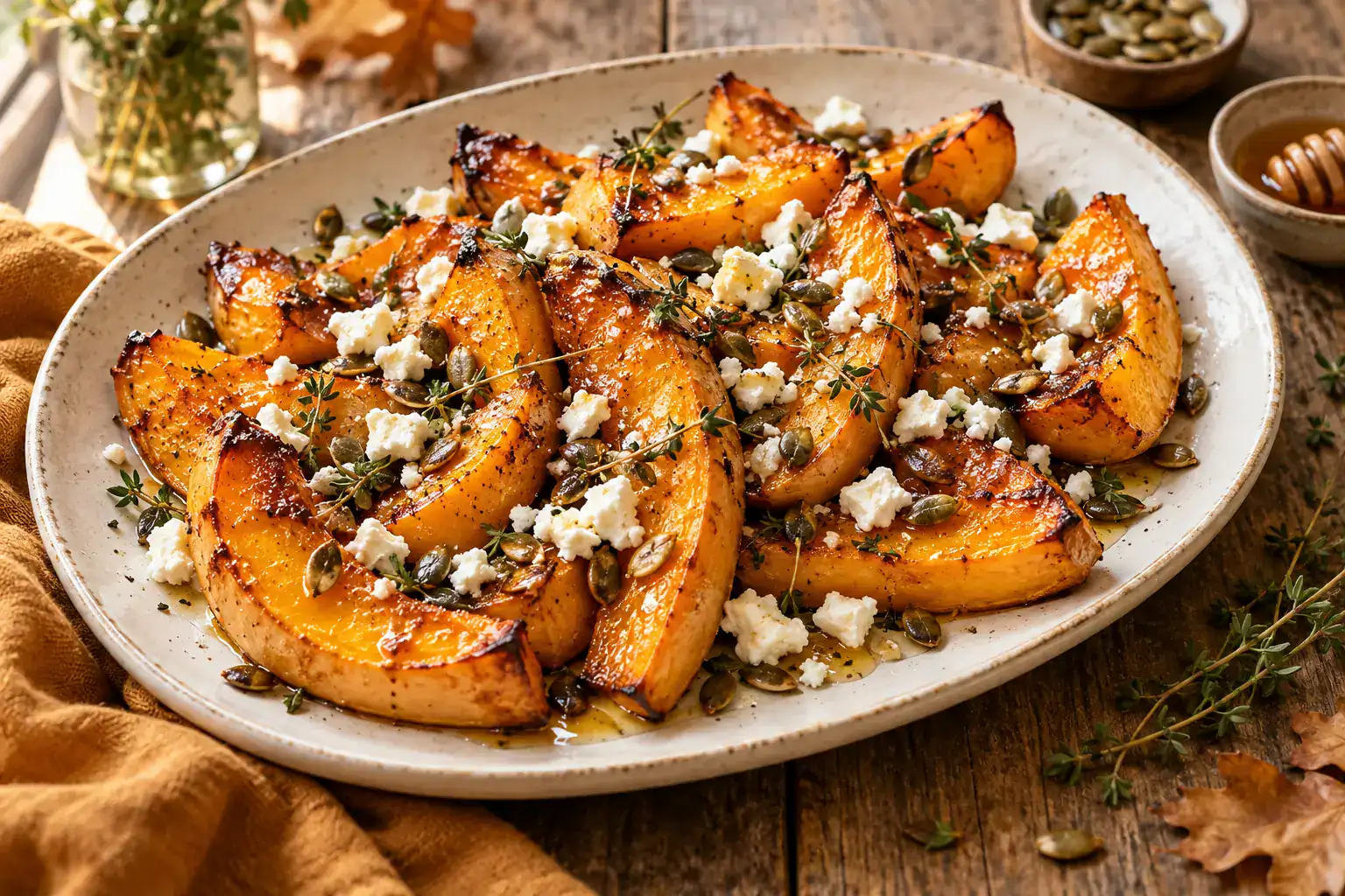 Butternut rôtie au miel de printemps, feta et graines