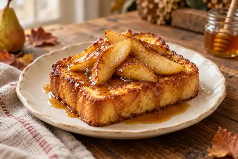 Brioche perdue au miel, poires poêlées et caramel beurre salé