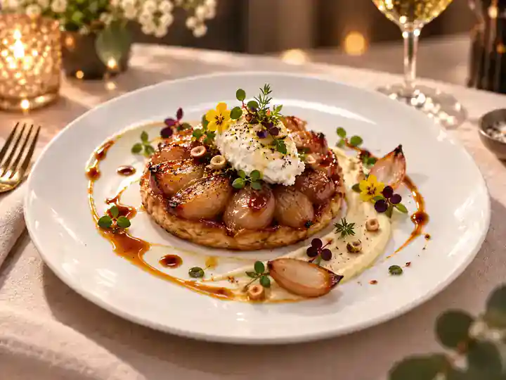 Tatin d’échalotes au miel de châtaignier et chèvre frais